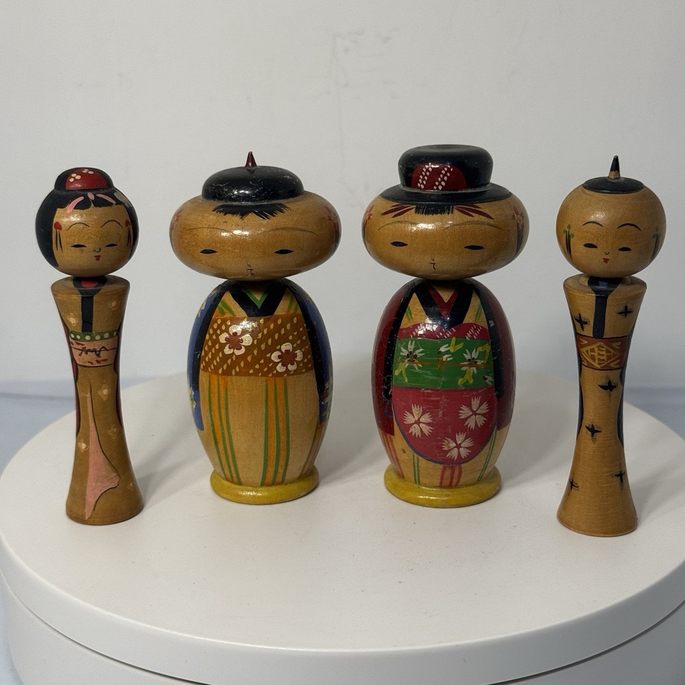 Vintage Set Of Four Japanese Wooden Kokeshi Bobble Nodder Head Dolls